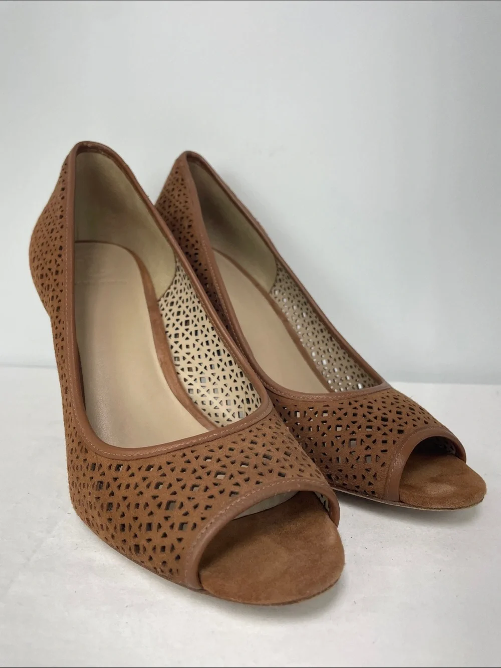 Tory Burch Tan Laser-Cut Peep-Toe Pumps, Size 8.5